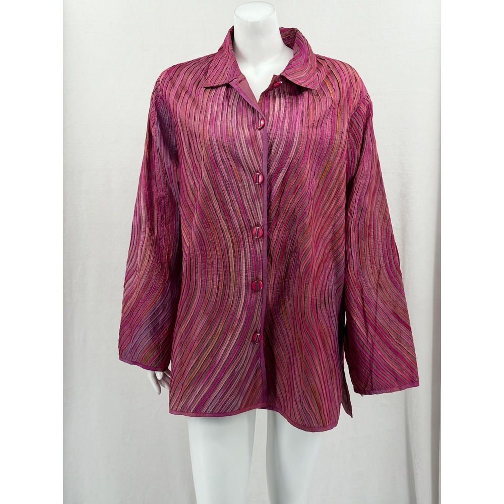 Parsley & Sage Top Womens 2X Purple Pink Wave Stripe Button Up Artsy Boho Silk